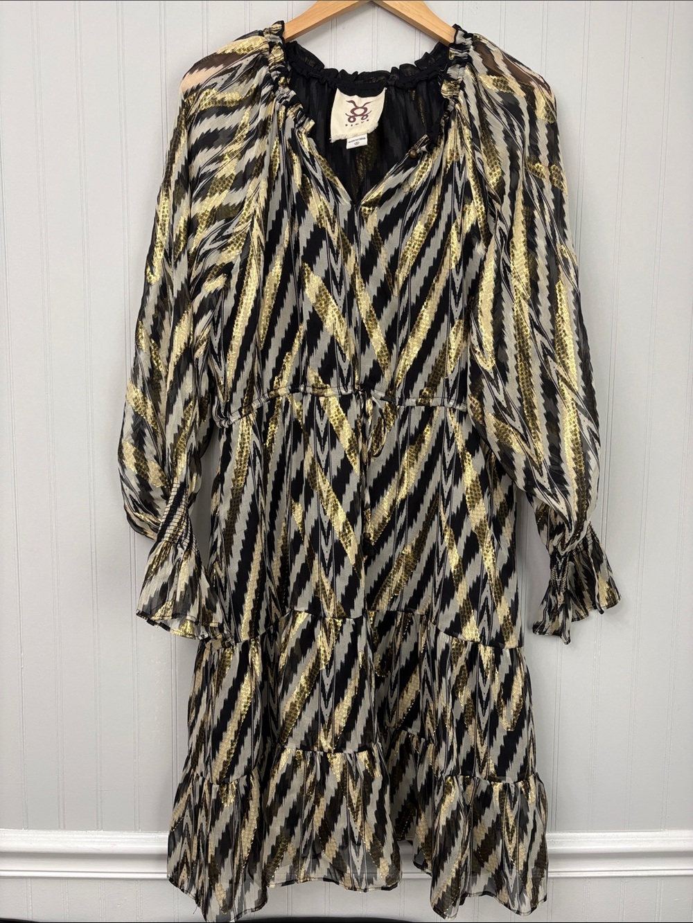 Figue Long Sleeve Dress Metallic Gold Black Women Size Small